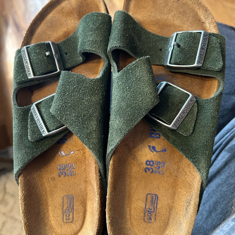 Birkenstock Green Suede Two-Strap Sandals